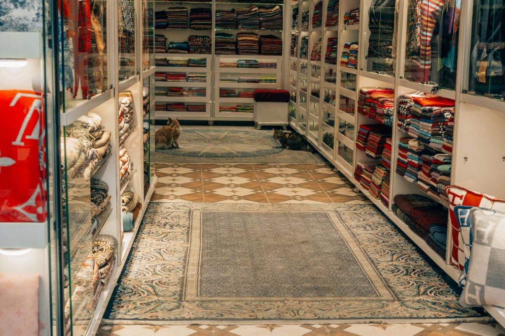 a cat sitting on the floor of a store