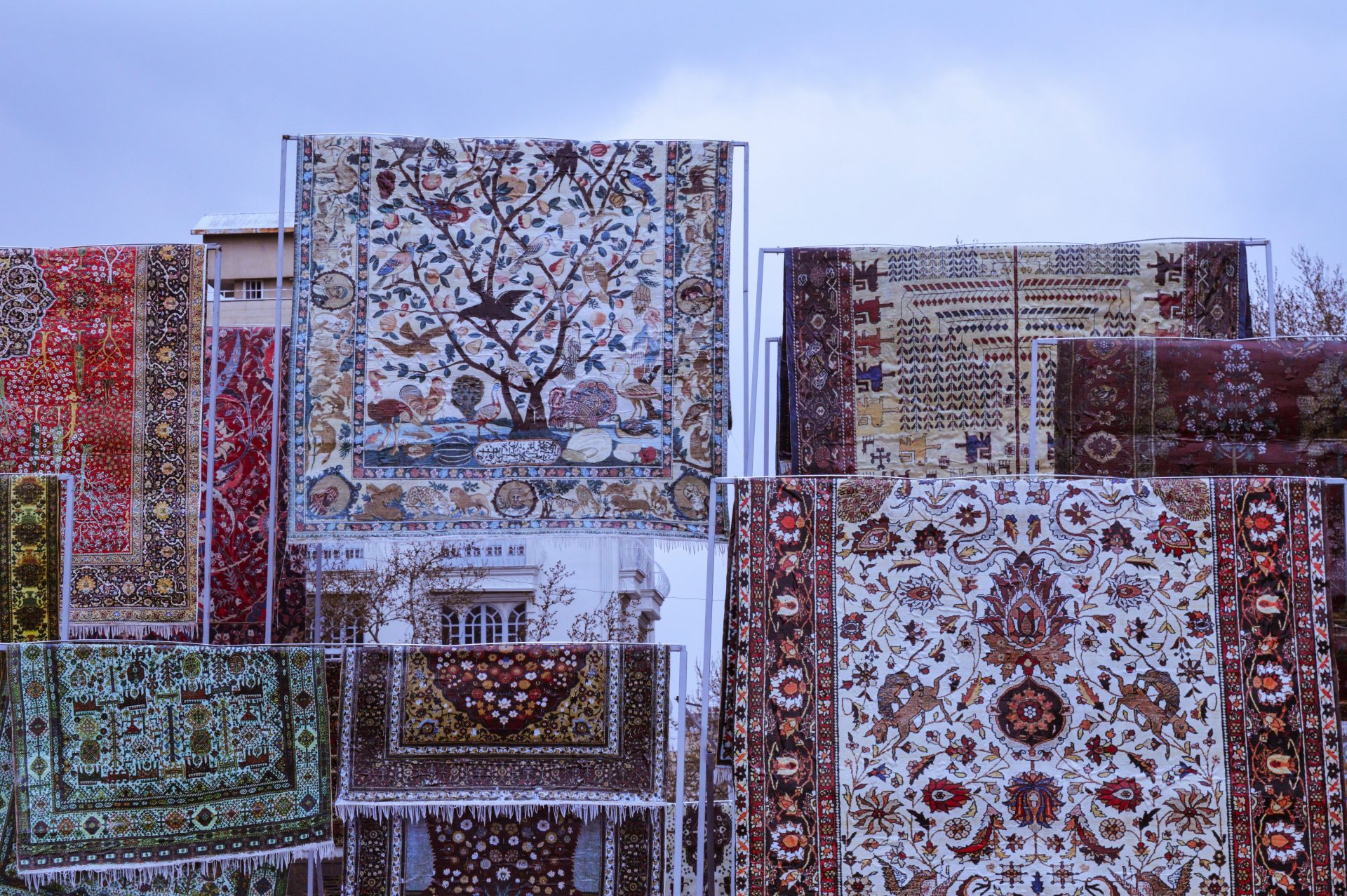 a bunch of rugs that are hanging up